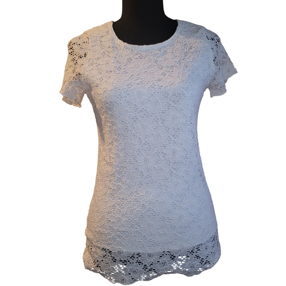 Brittany Black Top M White Floral Lace Short Sleeve Lined Cottagecore Blouse Y2K